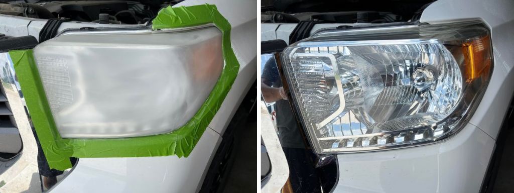 headlight with masking tape around it and clean headlight in next image