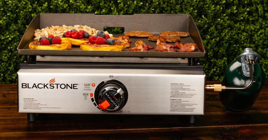 cooking breakfast on a portable blackstone griddle