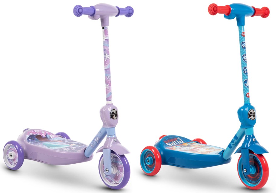 purple and blue kids bubble scooters