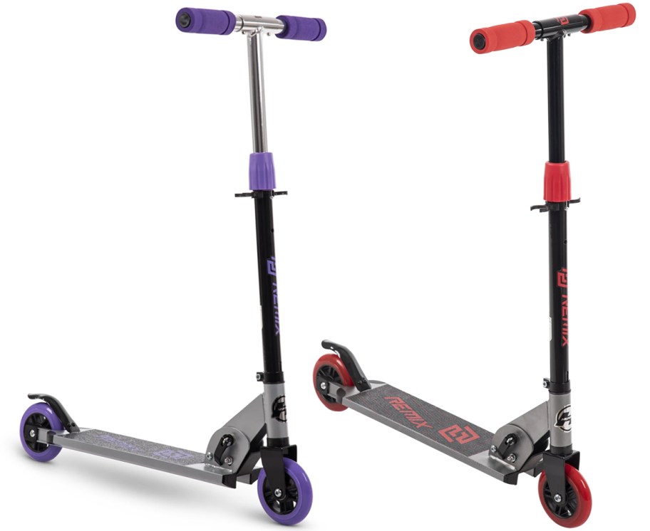 purple and red kids kick scooters