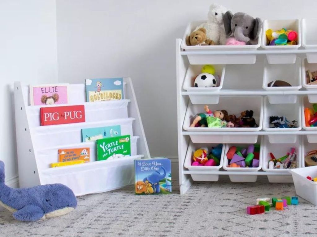 A humble Crew bookshelf next to a toy bin in a child's room