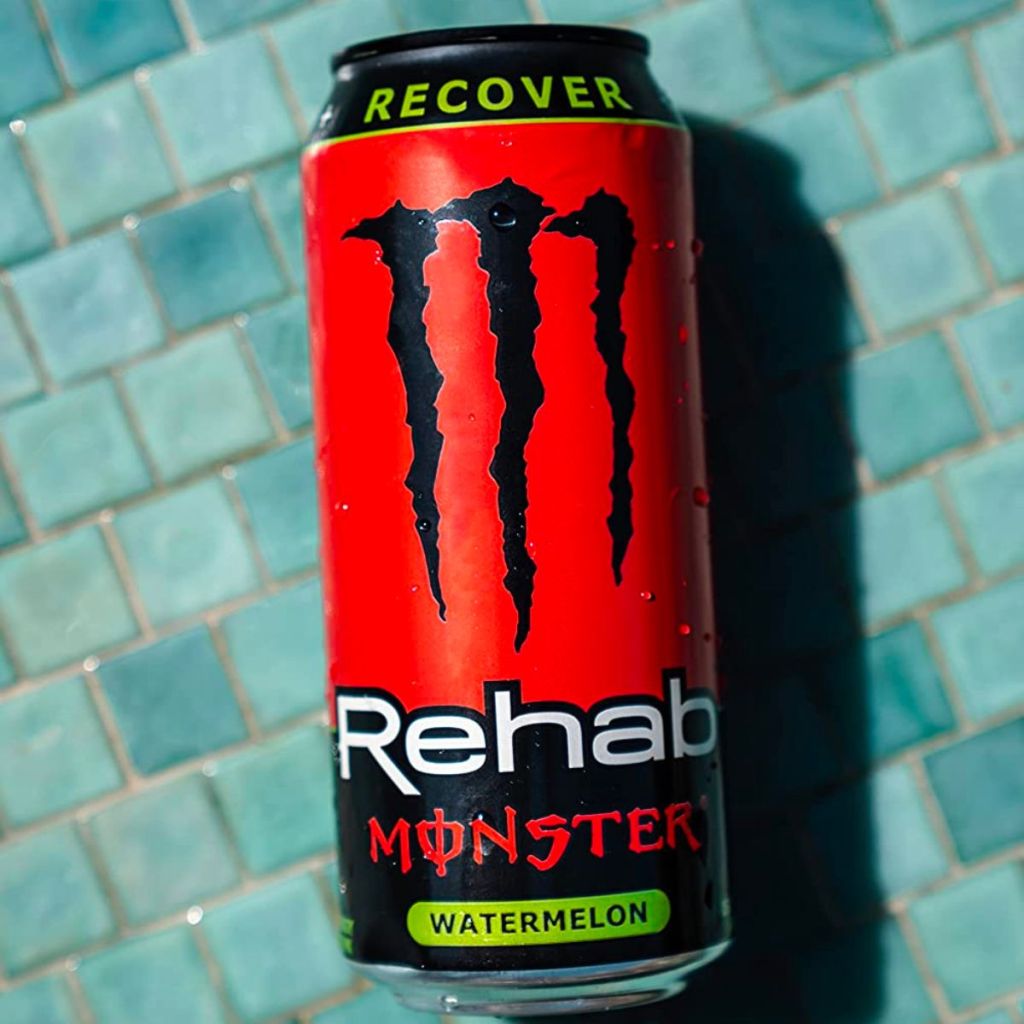 a close up of a can of Monster rehab watermelon 2