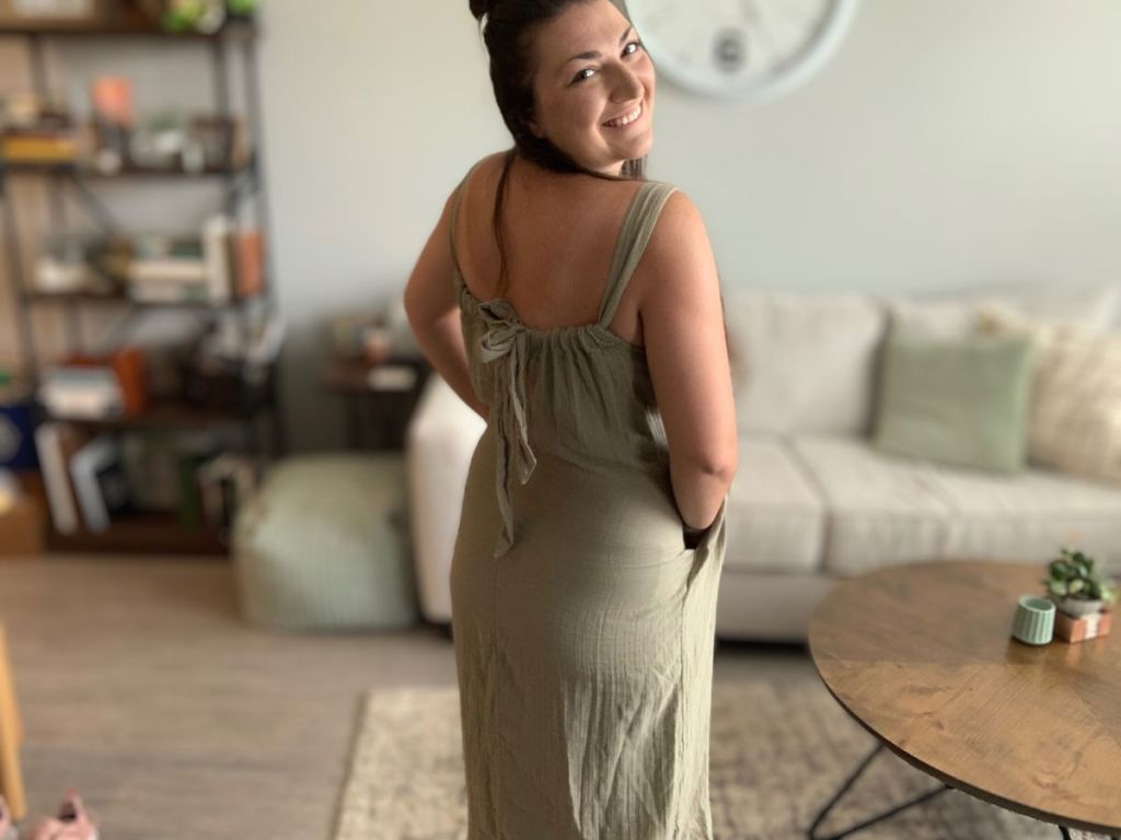 Woman in a tan maxi dress