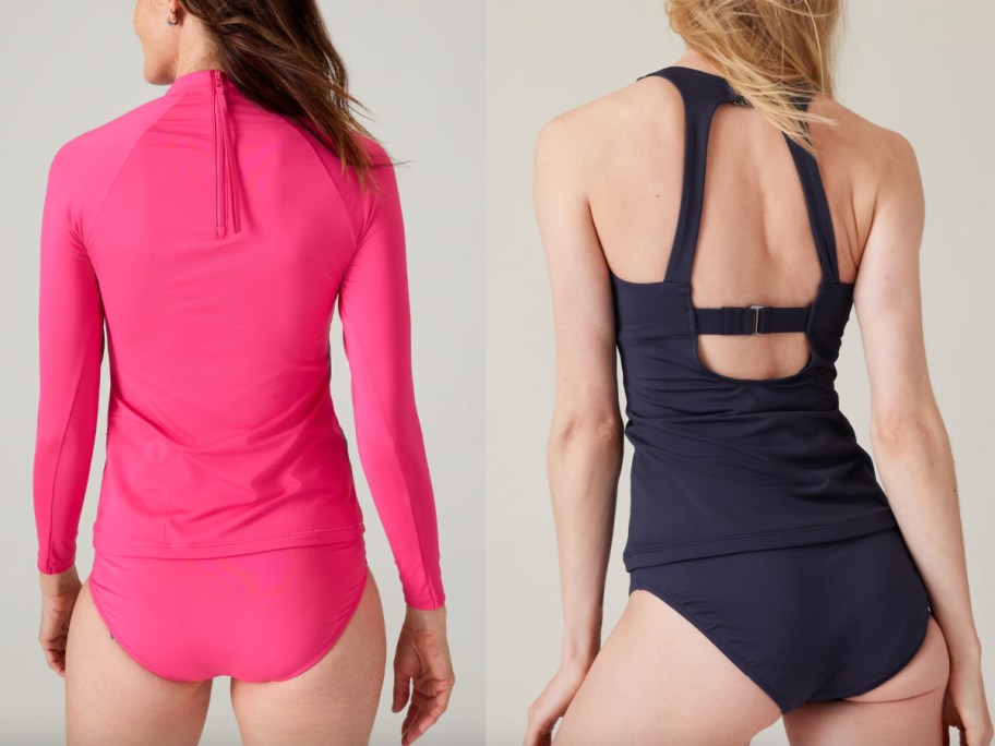 women wearing pink rashguard and navy tankini