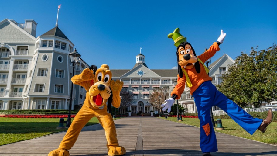 Pluto and Goofy characters outside a Disneyworld resort hotel