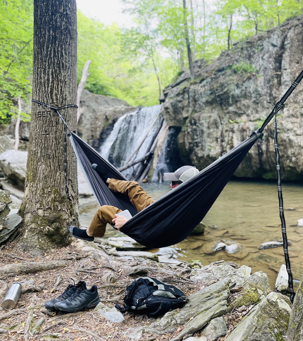 man sitting in hammock hanging from trees