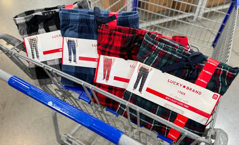 four pair of men's fleece sleep pants in a sams club cart