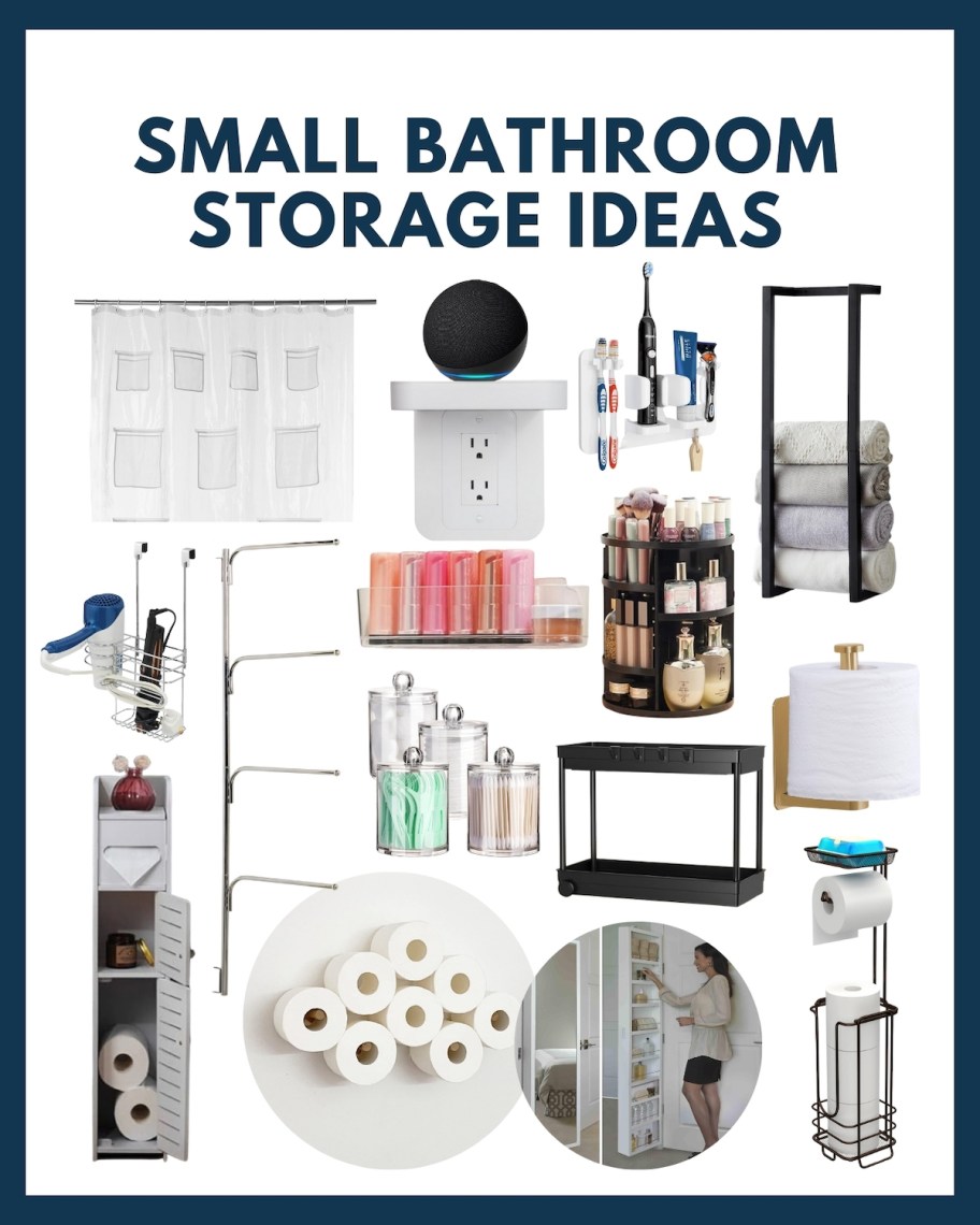 collage of small bathroom storage ideas 