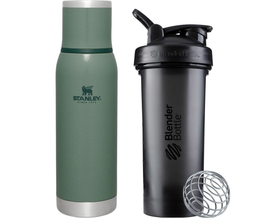 a stanley water bottle and a blenderbottle