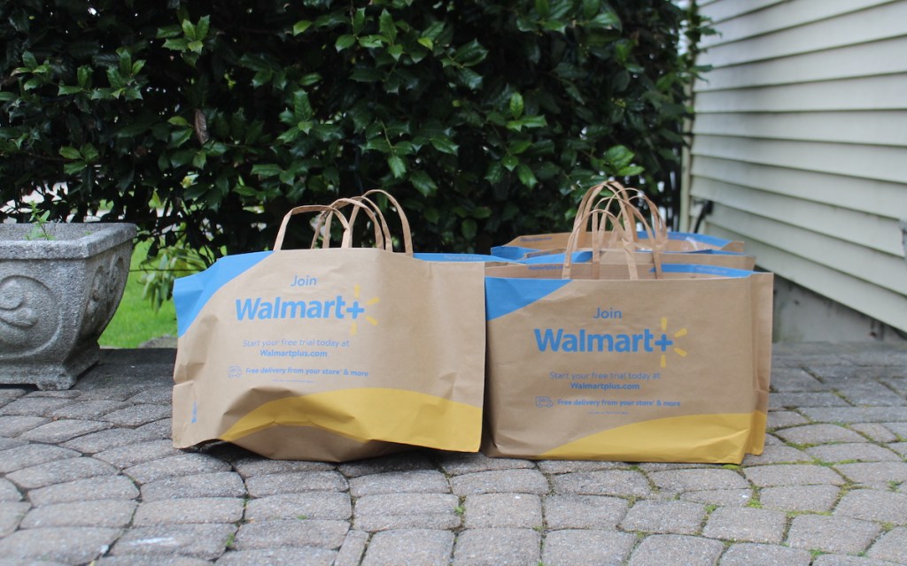 walmart+ bags on stone patio