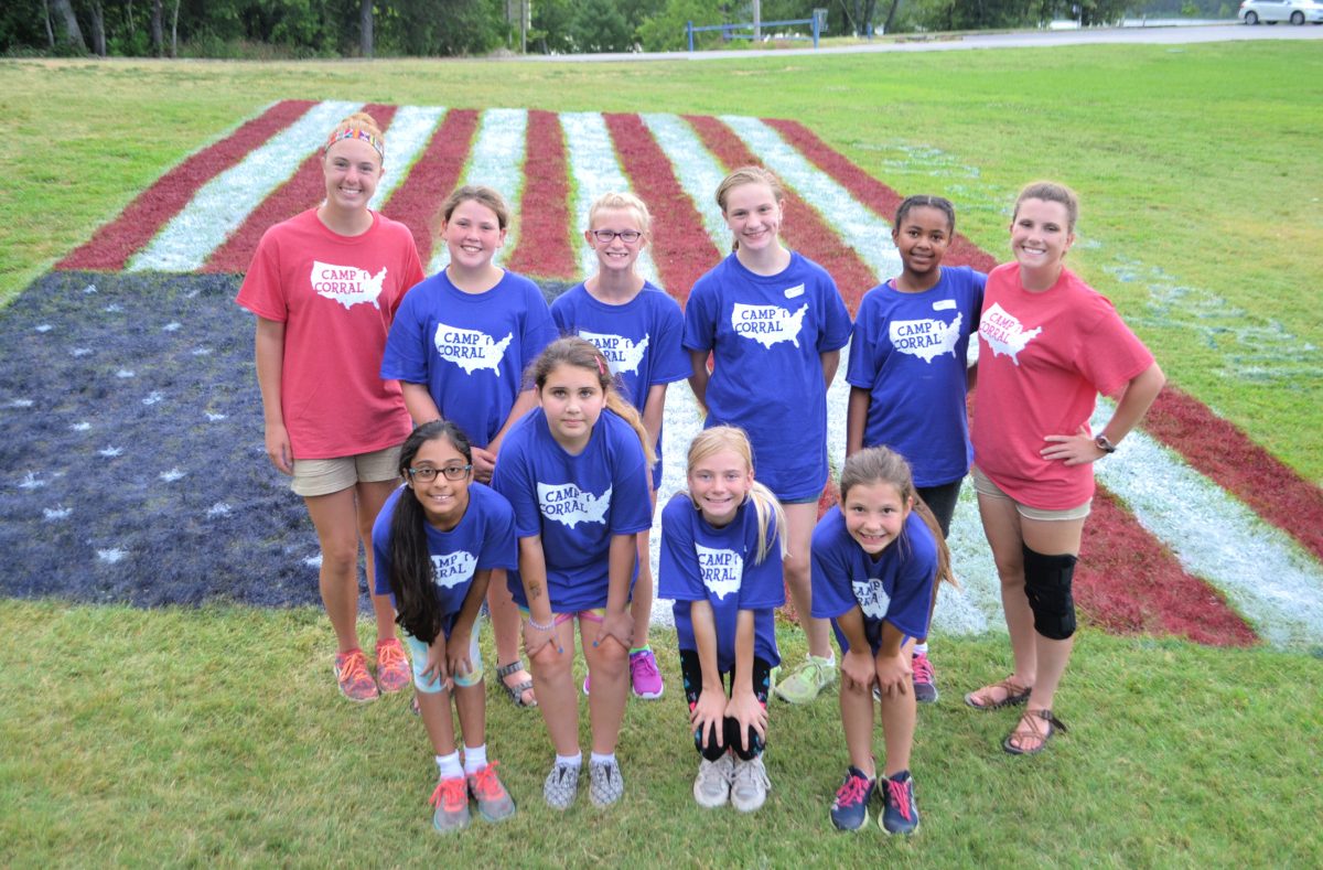 Children and counselors at Camp Corral which gives free trips to military kids