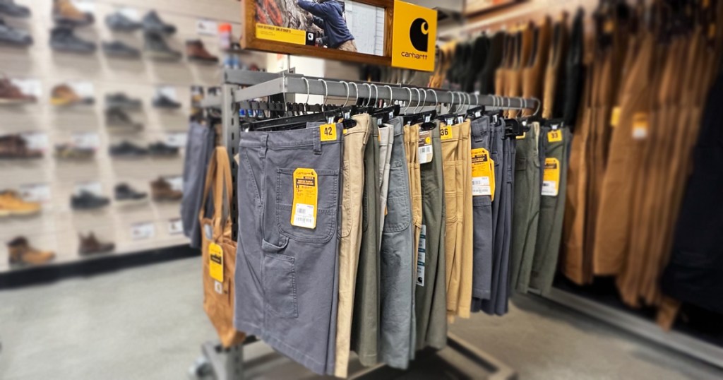 display rack of carhartt shorts in store