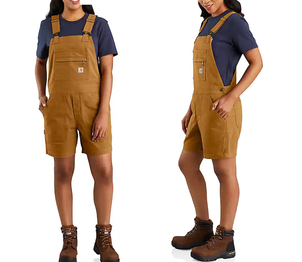 woman wearing a pair of carhartt shortalls