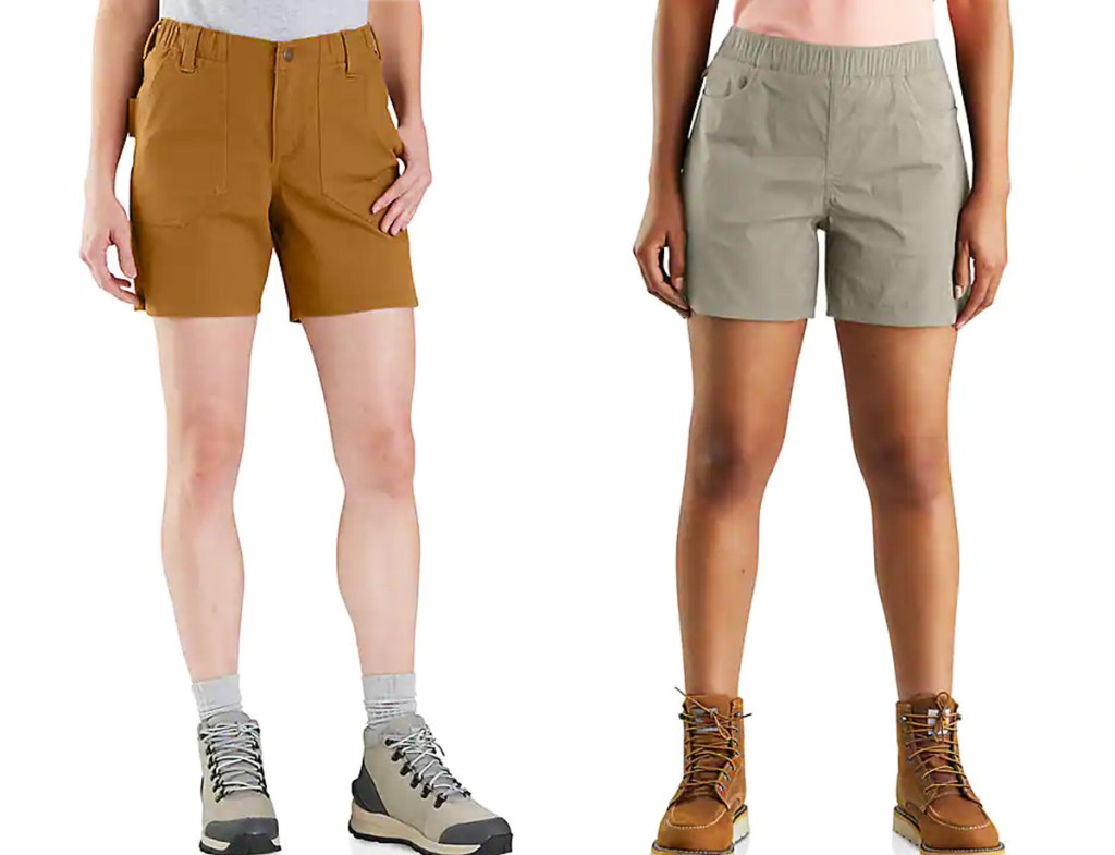 two women modeling carhartt shorts