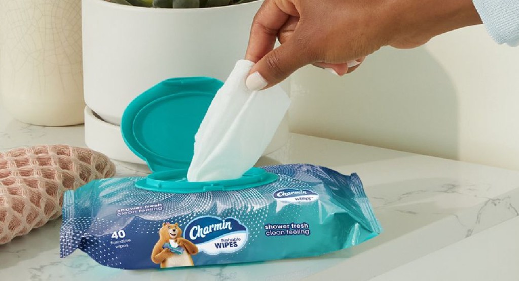 Charmin wipes 40 count with hand pulling them out