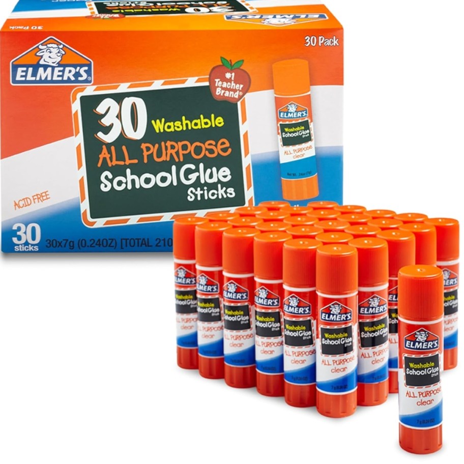 a box of Elmer's All Purpose School Glue Sticks with 30 of the individual sticks in front of it