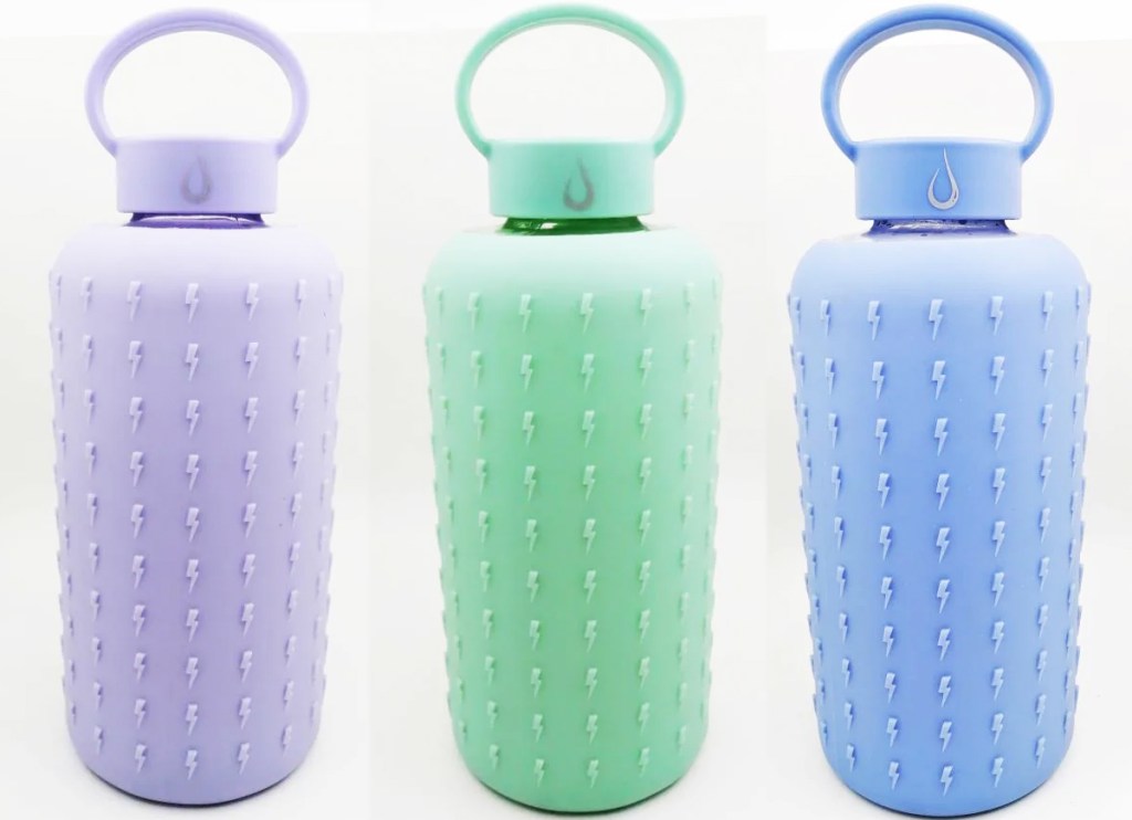 three water bottles with lightning bolt print