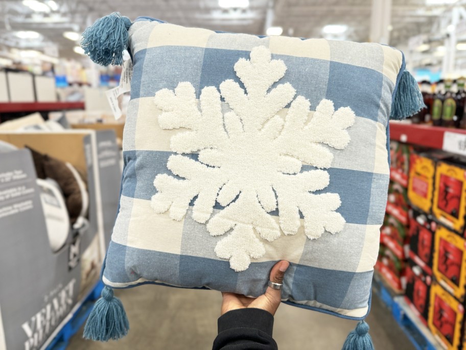 hand holding up a blue and white checkered pillow with a snowflake on it