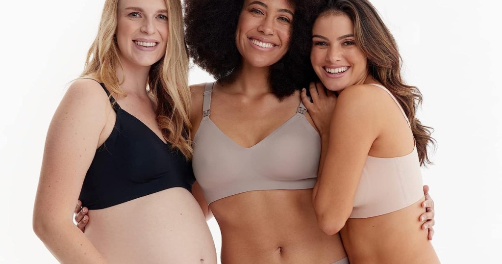 women wearing momcozy nursing bralettes in several colors