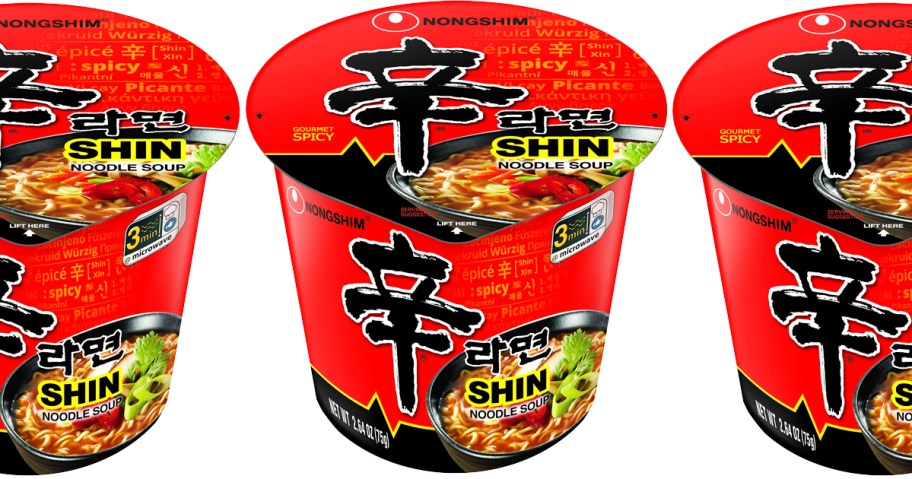 red and black bowls of Nongshim Spicy Shin Noodle Soup