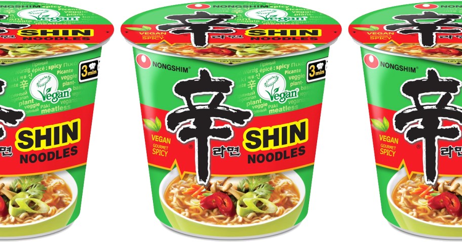 green and red bowls of Nongshim Spicy Shin Vegan Noodle Soup