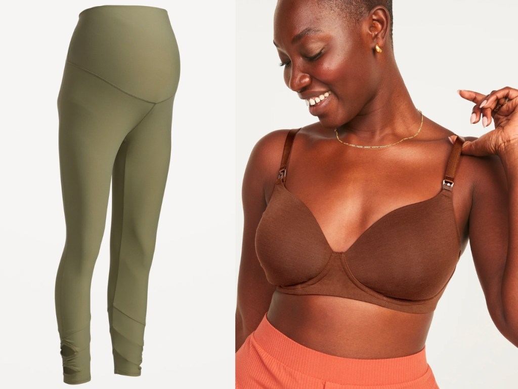 old navy maternity green leggings and nursing bra