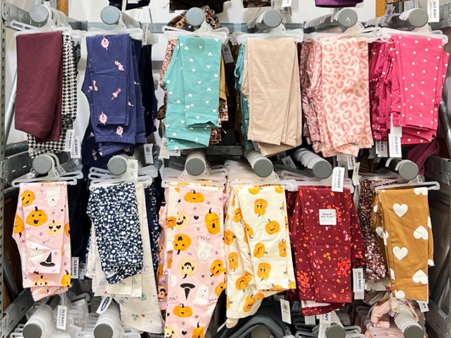 display wall of toddler girls leggings in store