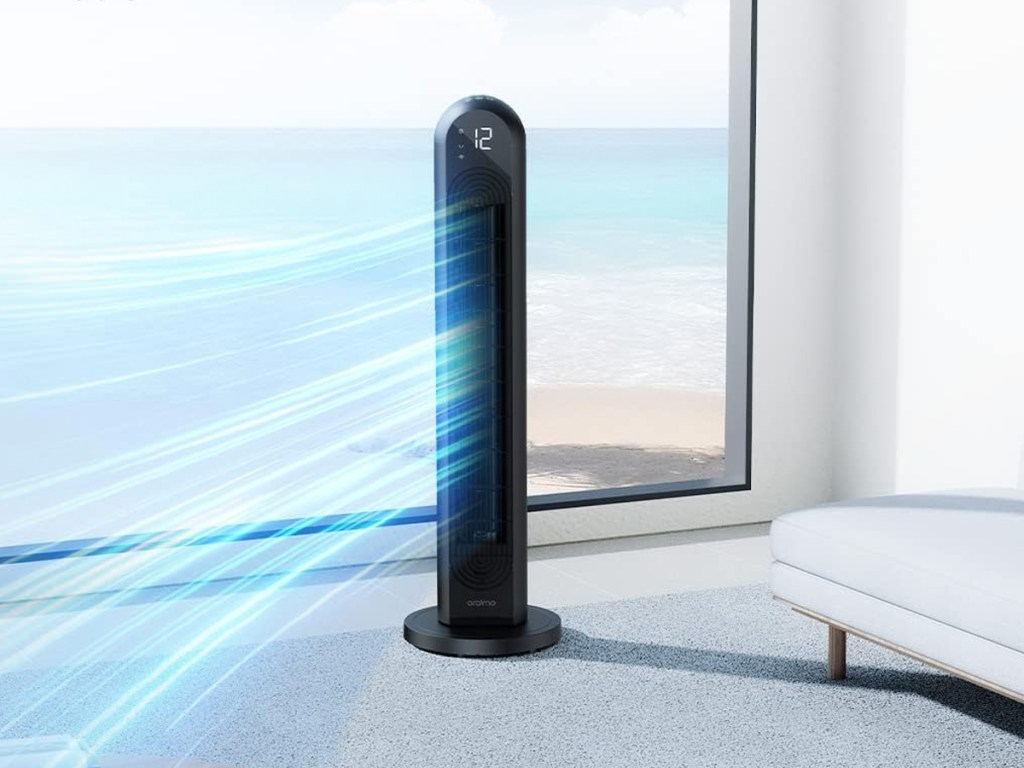 black tower fan with blue "wind" onlineing out from it