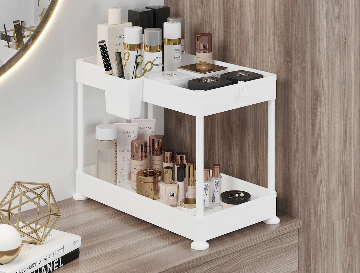 white stacking organizer on bathroom countertop