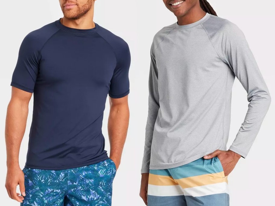 men wearing rash guard shirts and swim trunks