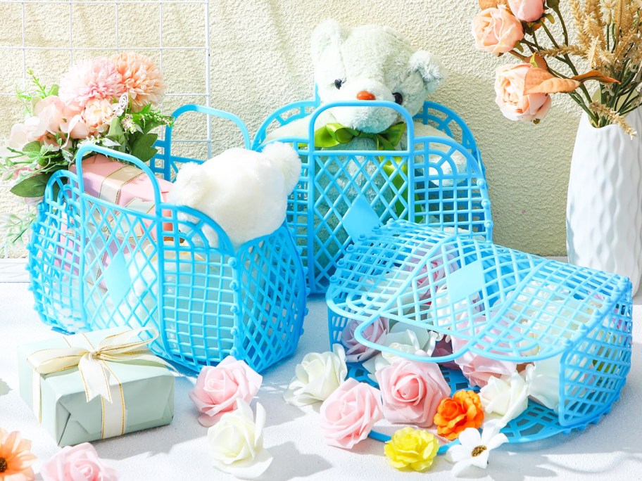 three blue jelly bags filled with toys