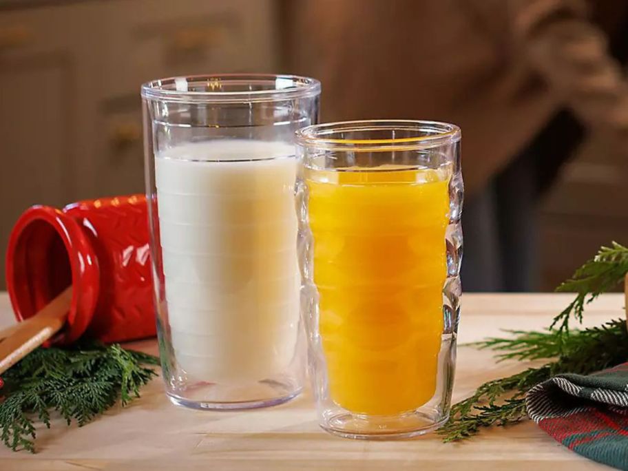 Two Tervis Classic Tumblers filled with milk and OJ