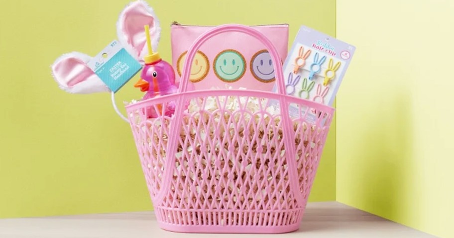 pink jelly tote filled with easter goodies