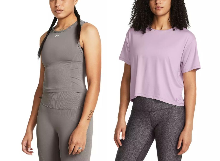 a woman in a gray tank top and a woman in a purple tee