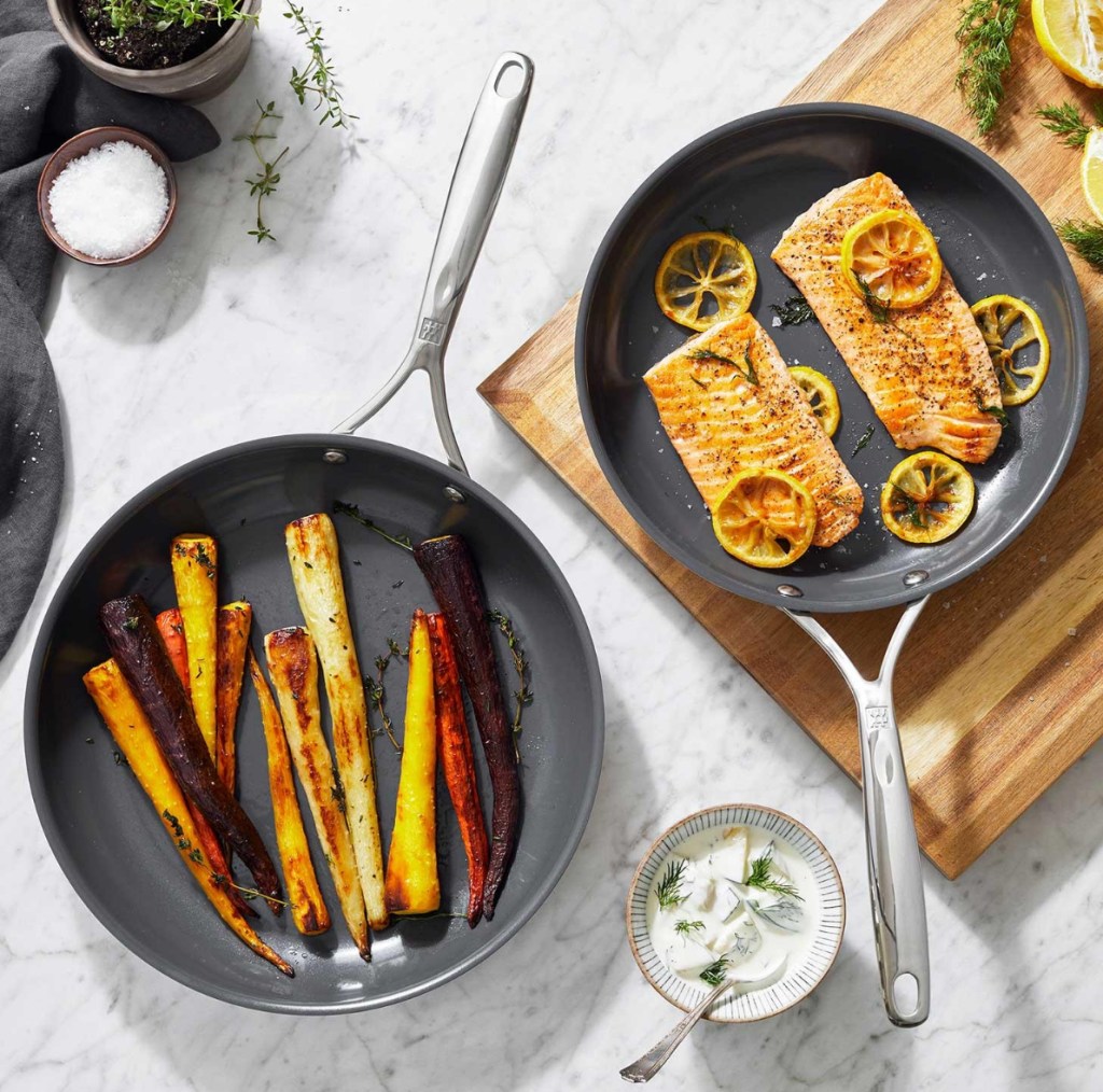 Two nonstick pans with food in them