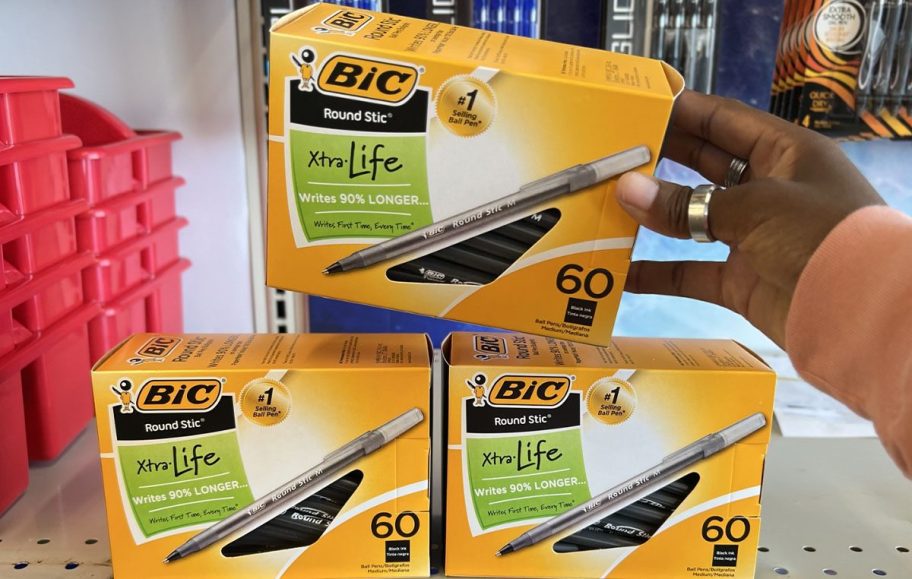 bic xtra life pens on shelf in office depot