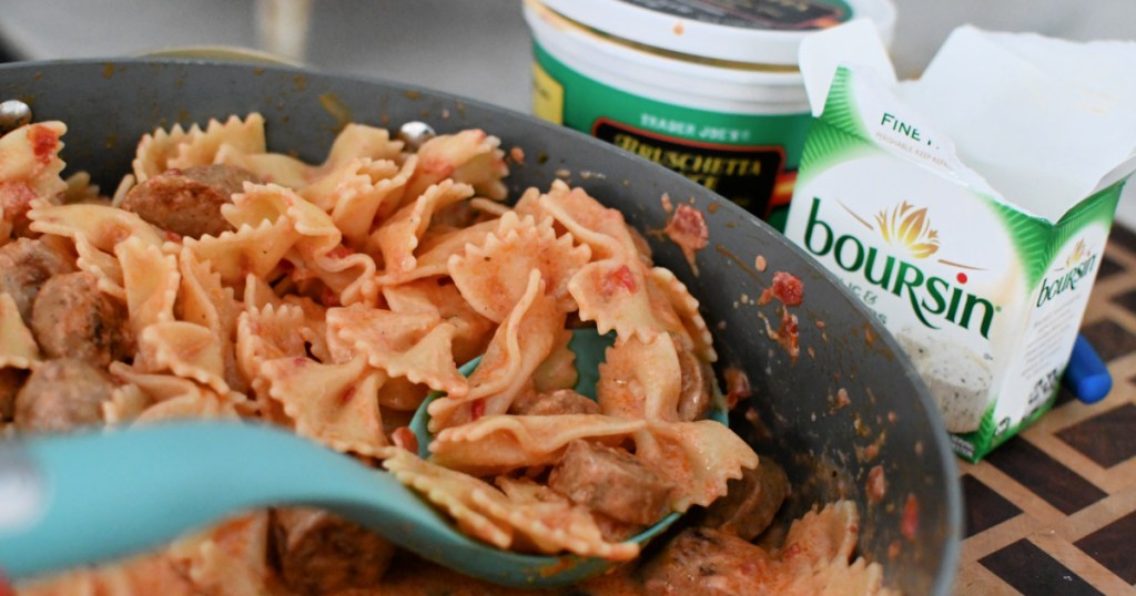 Boursin cheese pasta in a skillet