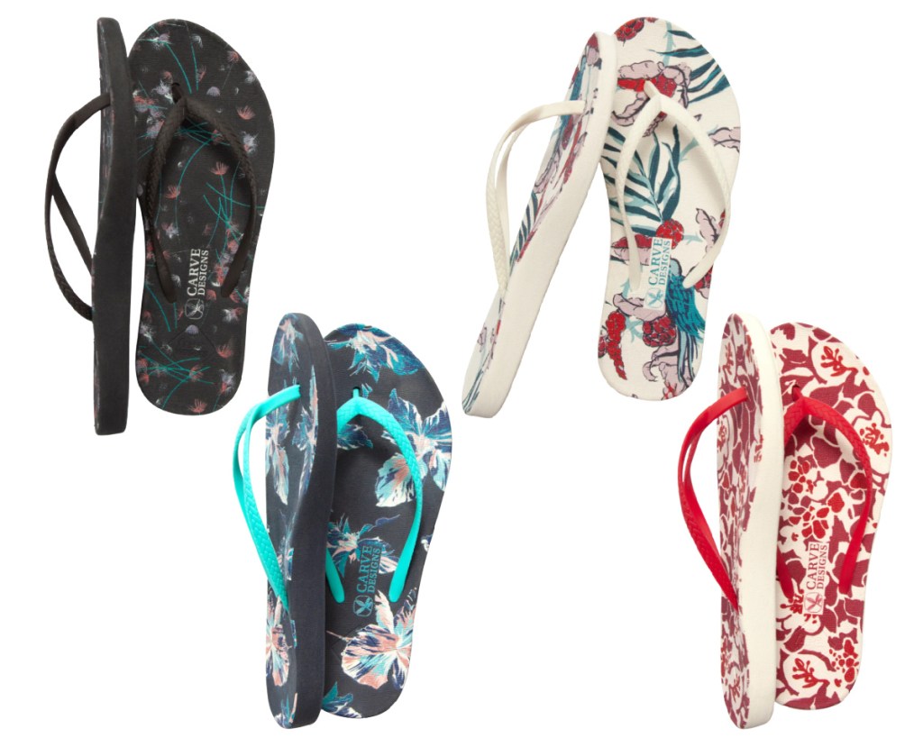 four pairs of printed flip flops