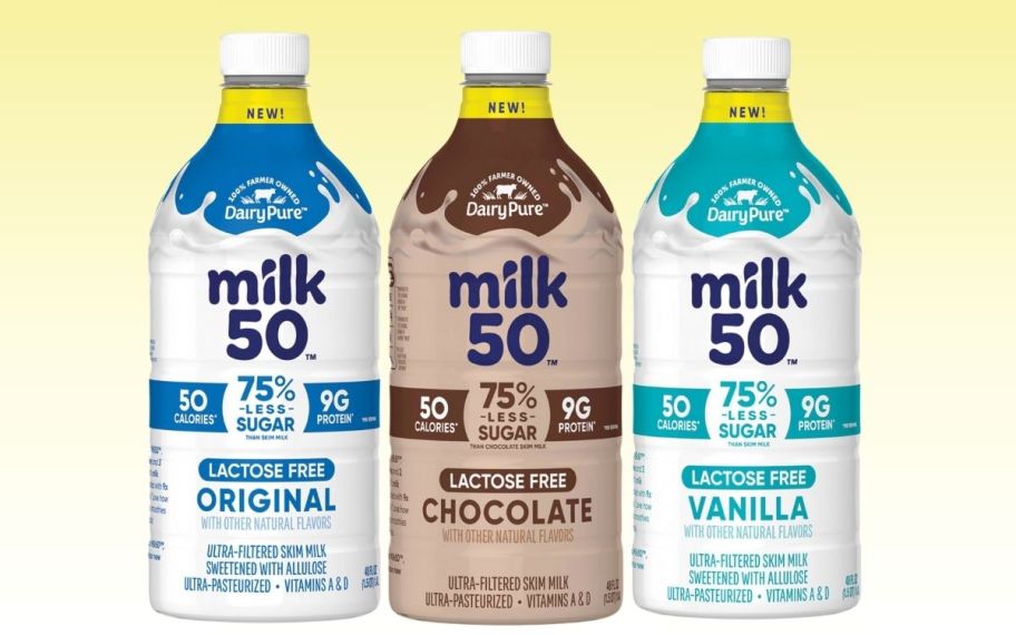 3 48oz bottles of dairypure milk50 in original, chocolate and vanilla flavors