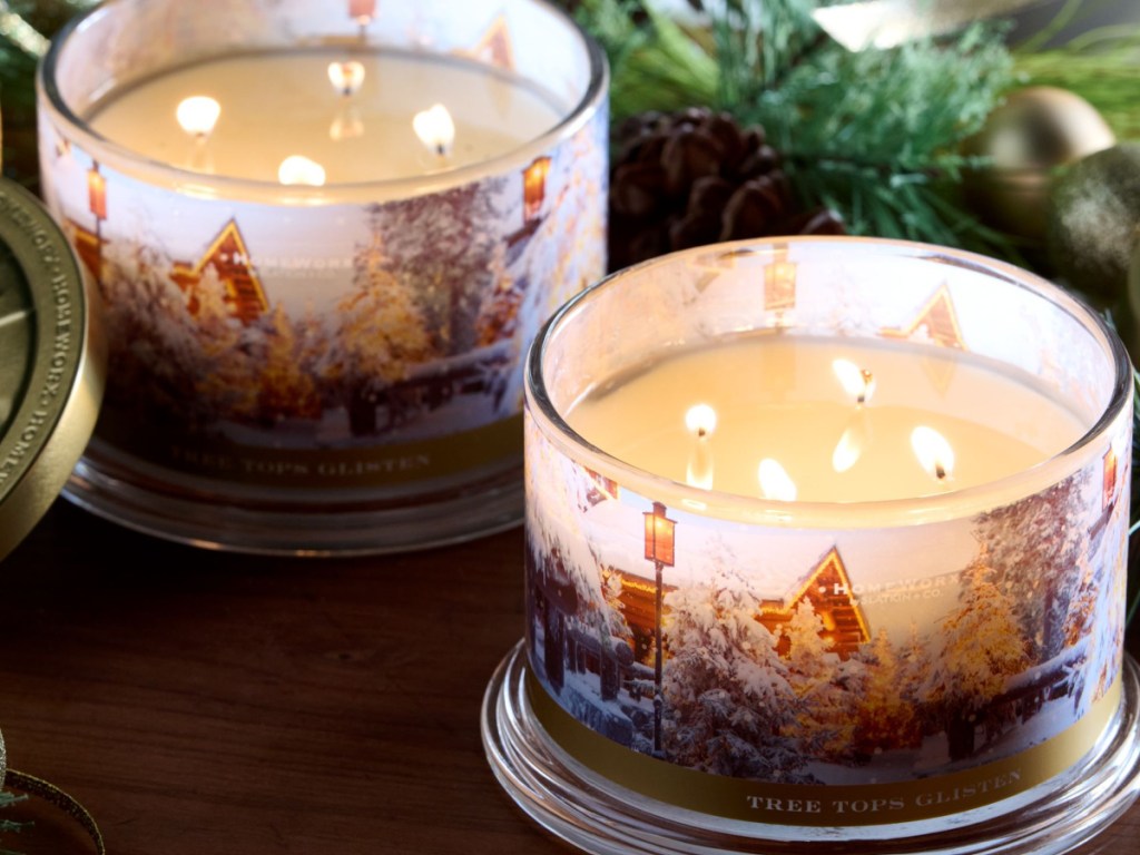 display of two Christmas handles with wreath in the background