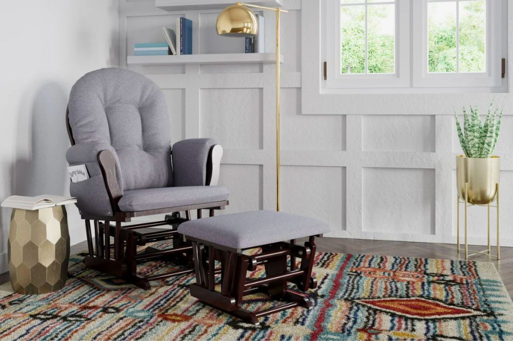  hoop glider and ottoman in espresso with gray swirl cushions