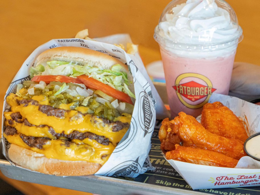 burger, shake, and wings on fast food tray