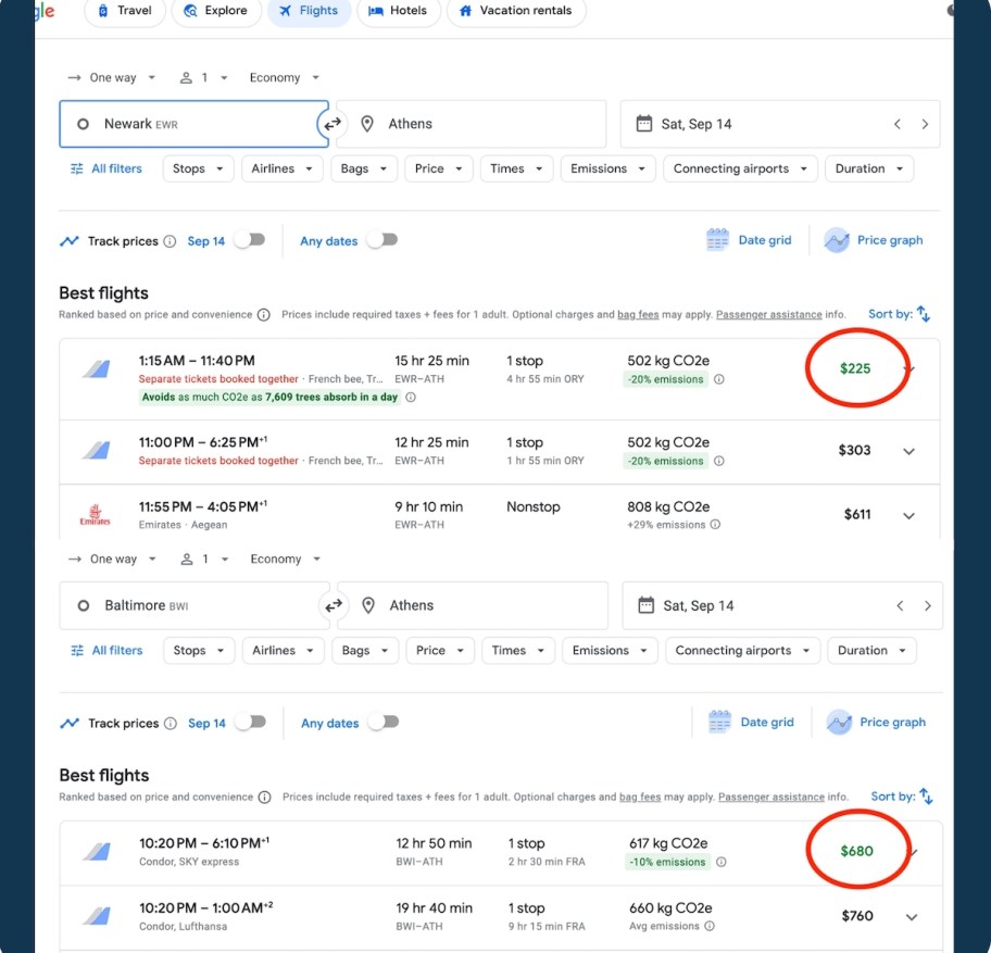 screenshot of flight price differences to athens