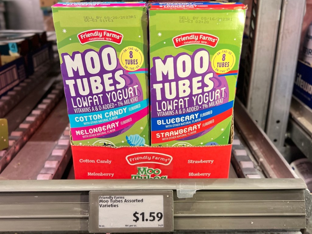 boxes of yogurt tubes on shelf at Aldi