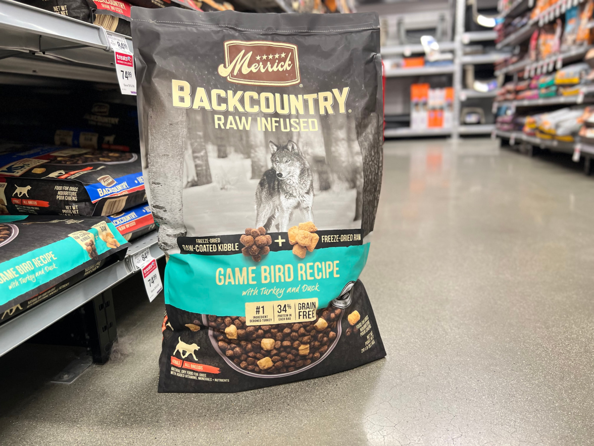 merrick dog food bag on floor in aisle