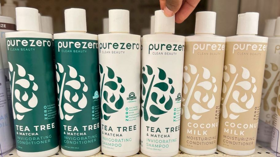 bottles of purezero hair care on a store shelf