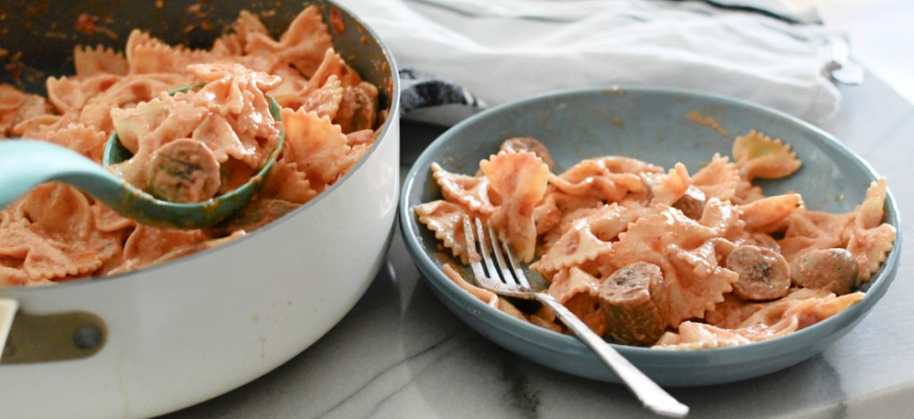 skillet and plate with easy trader joe's boursin pasta recipe