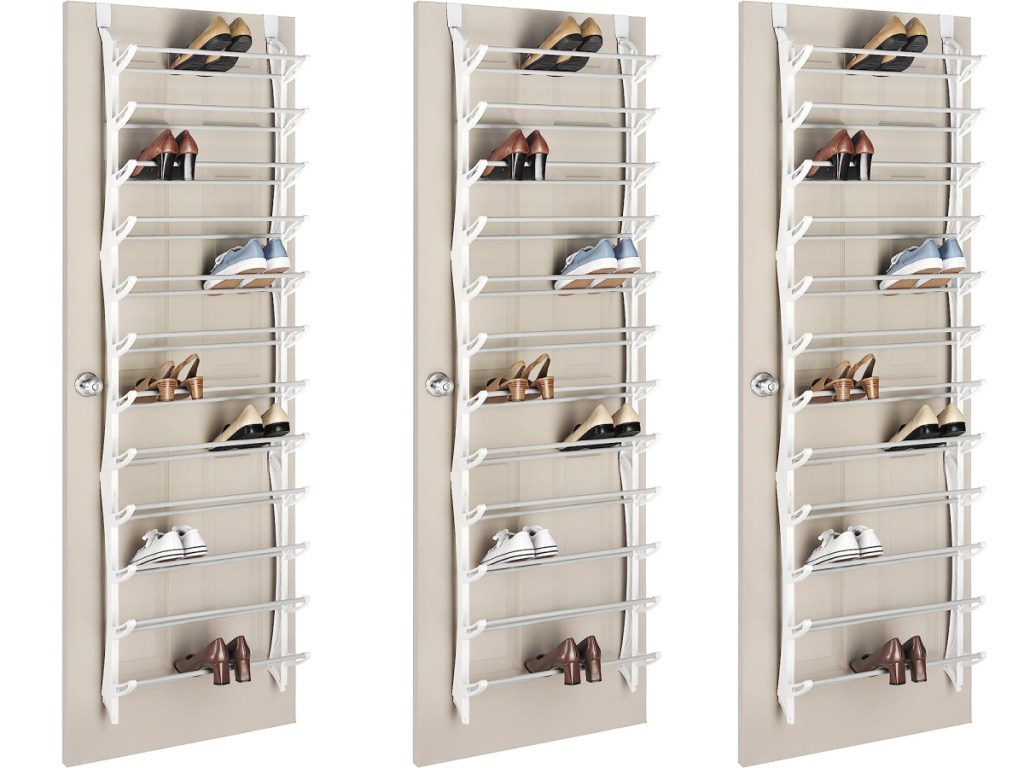 three displays of shoe rack displayed on door