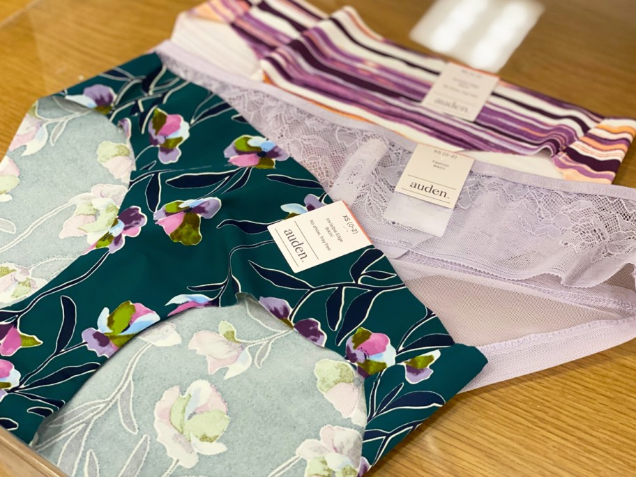 three pairs of Auden Women's Underwear on display table