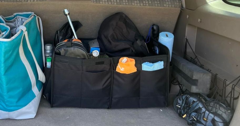 Car Trunk Organizer in trunk with items inside